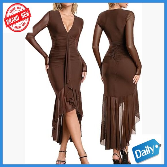 Long Sleeve V-Neck Ruched Bodycon Midi Dress Formal Cocktail Wedding Guest